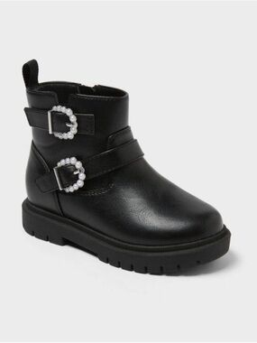 Toddler Kids Black Pearl-Accent Ankle Boots